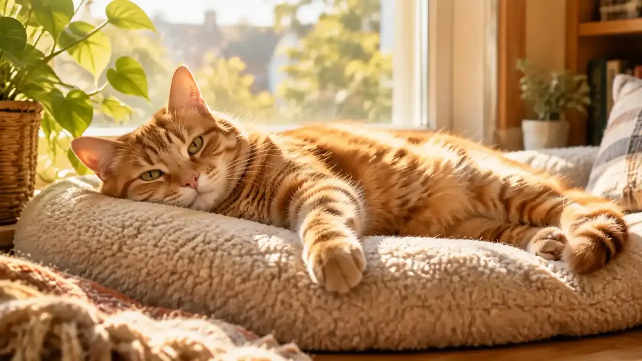 Chat roux allongé sur un coussin