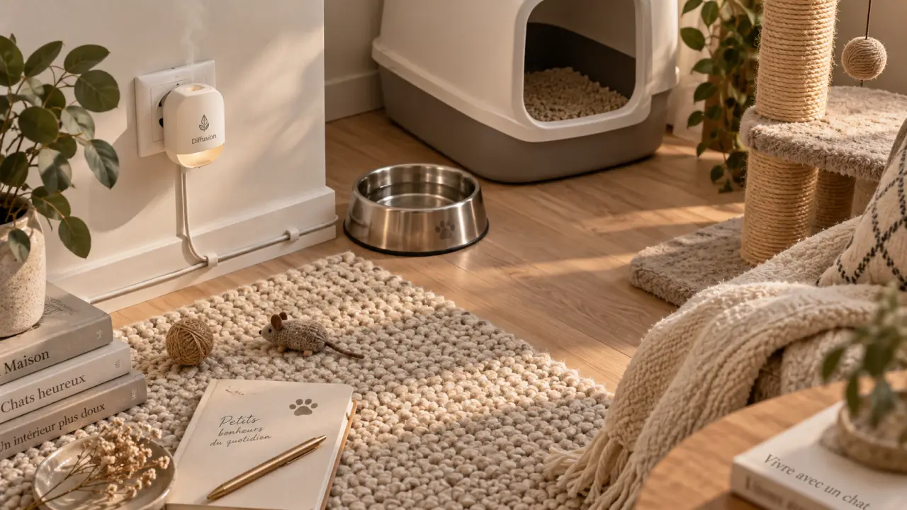 Diffuseur anti stress pour chat mal placé près d’une gamelle et d’un tapis